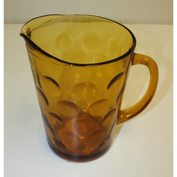Vintage MOD MCM Amber Retro Solid Glass Water Tea Polka Dot Pitcher Rare - Picture 3 of 6